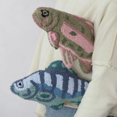 Woven Cotton Tufted Fish Shaped Pillow, Blue