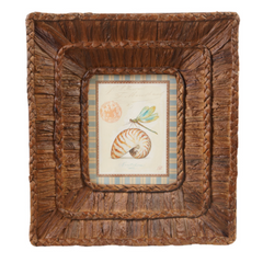 Woven Water Hyacinth Framed Glass Wall Décor w Shells, 2 Styles