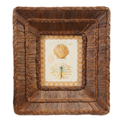 Woven Water Hyacinth Framed Glass Wall Décor w Shells, 2 Styles