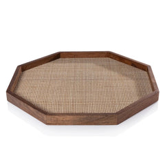 Large Mango Wood with Rattan Inlay Octagonal Tray