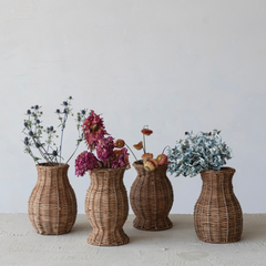 Hand-Woven Rattan Vase w Glass Insert, Natural, 4 Styles