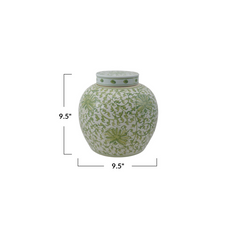 Decorative Hand-Painted Stoneware Ginger Jar w/ Floral Pattern, Green & White