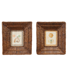 Woven Water Hyacinth Framed Glass Wall Décor w Shells, 2 Styles