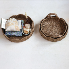 (M) Round Braided Rattan Trays w/ Scalloped Edges, Handles