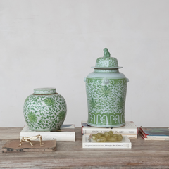 Decorative Hand-Painted Stoneware Ginger Jar w/ Floral Pattern, Green & White