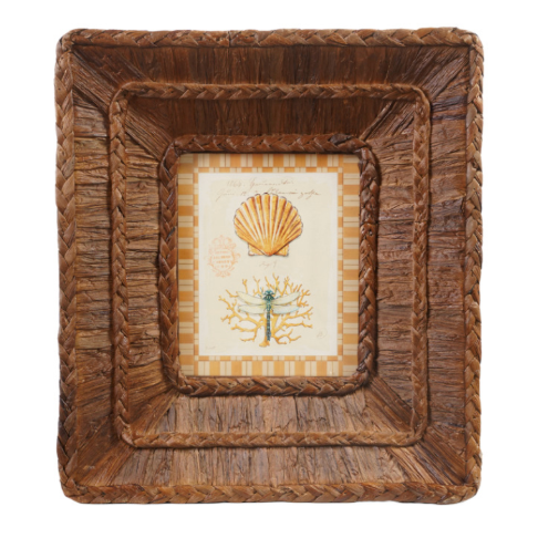 Woven Water Hyacinth Framed Glass Wall Décor w Shells, 2 Styles