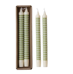 Unscented Striped Taper Candles in Box, Green, Set of 2