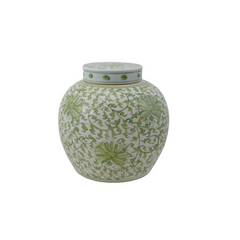 Decorative Hand-Painted Stoneware Ginger Jar w/ Floral Pattern, Green & White